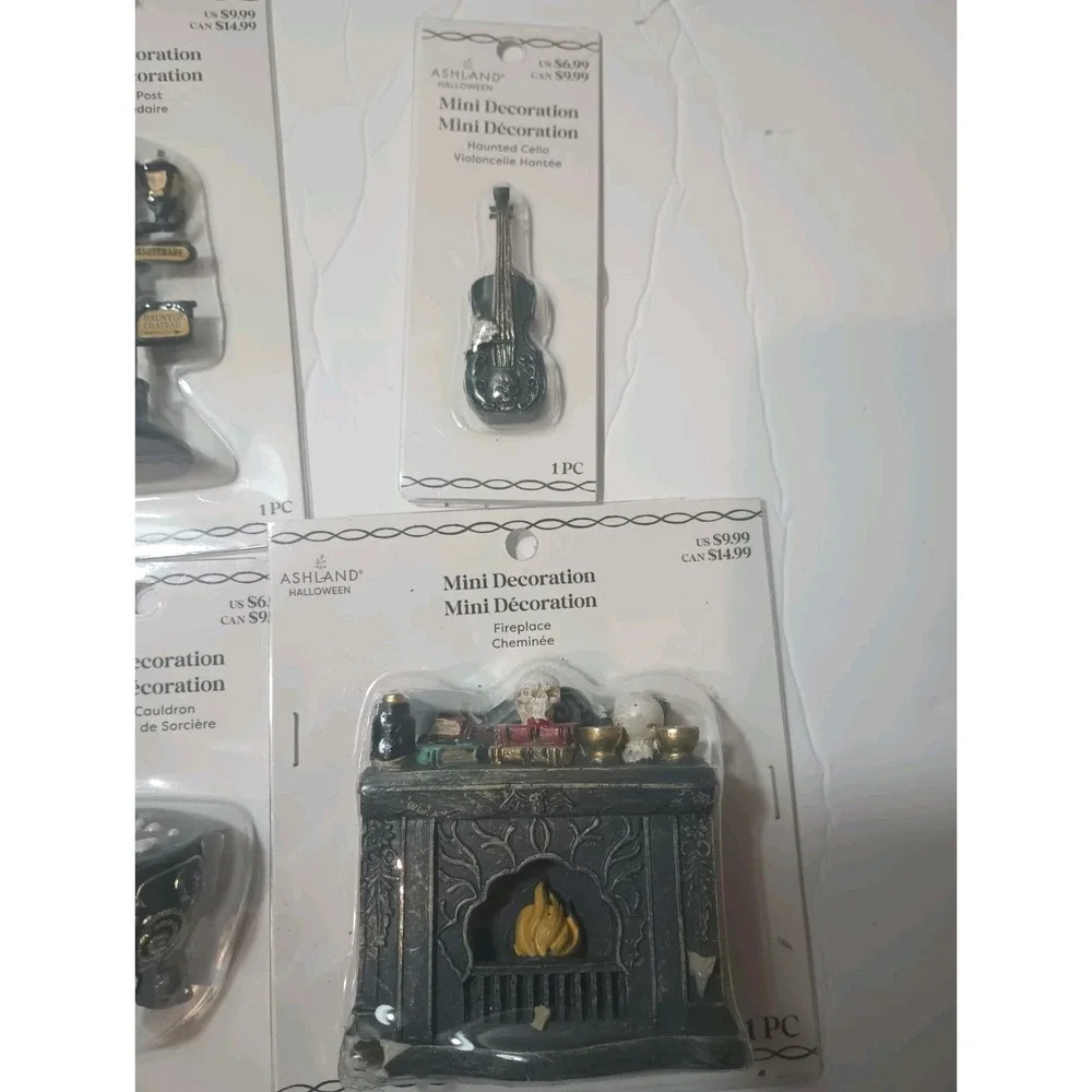 Ashland Halloween Mini Decoration Lot 4 Fireplace Cauldron Cello Street Lamp NEW